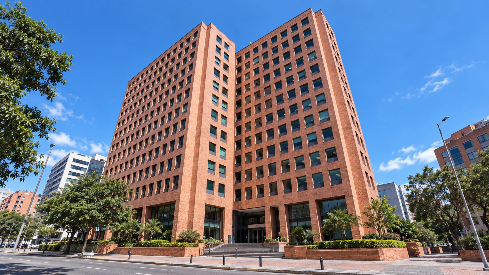 Recreación digital del Edificio Calle 100 completo, desde su acceso hasta las torres